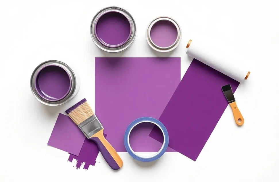 Pots de peinture, nuancier, brosses et rouleaux disposés à plat