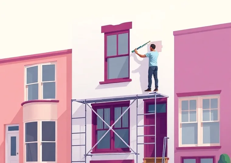 Peintre sur échafaudage traitant la façade d'une maison